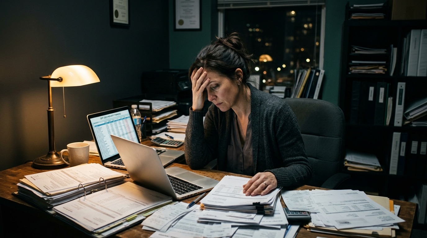 A property manager alone at her desk after hours, buried in owner statements and invoices