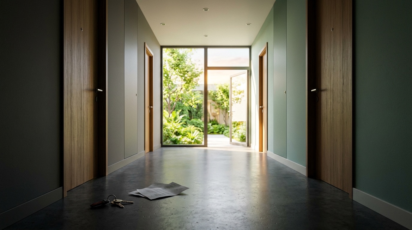 A bright apartment corridor opening onto a sunlit courtyard, with keys and papers left on the floor behind
