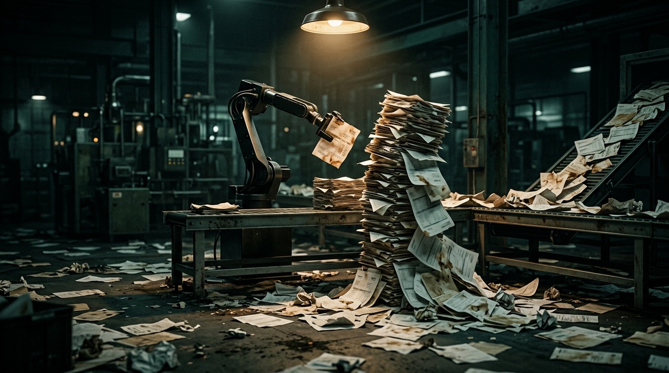A precise robotic arm calmly stacking a collapsing tower of crumpled invoices in a dark warehouse