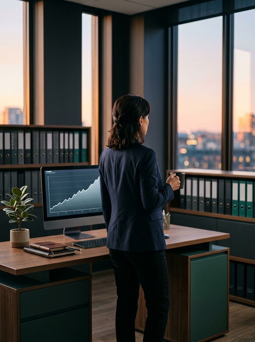 A property manager with a coffee in a calm, orderly office at dawn, a rising chart on the screen